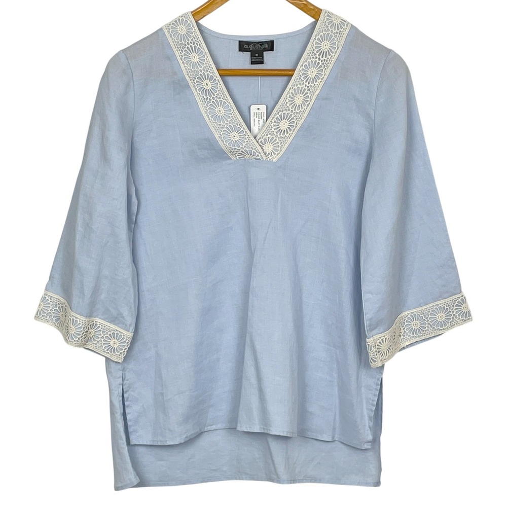 August Silk Women Pastel Blue Linen Crochet Trim Top M 3/4 Sleeve V Neck Coastal
